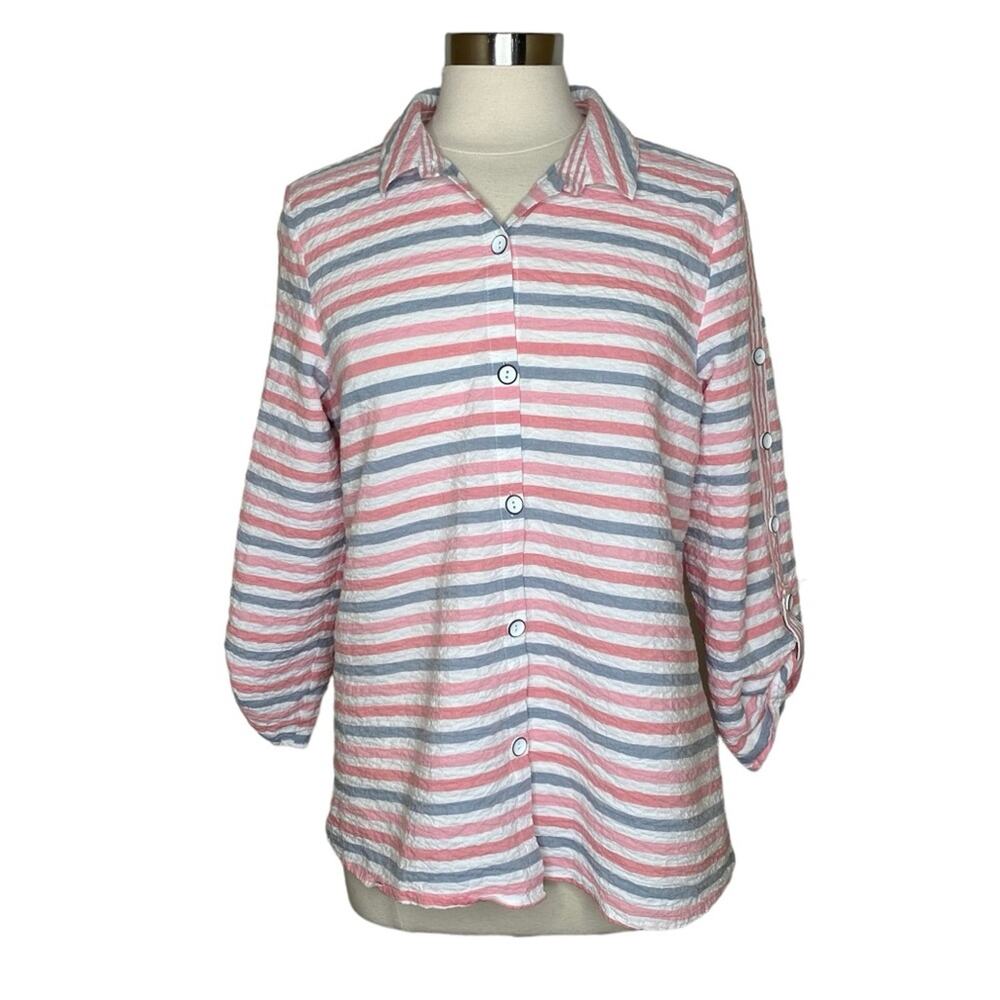 Habitat Crinkle Button Front Shirt Striped Top Women's Size Medium Minimalist